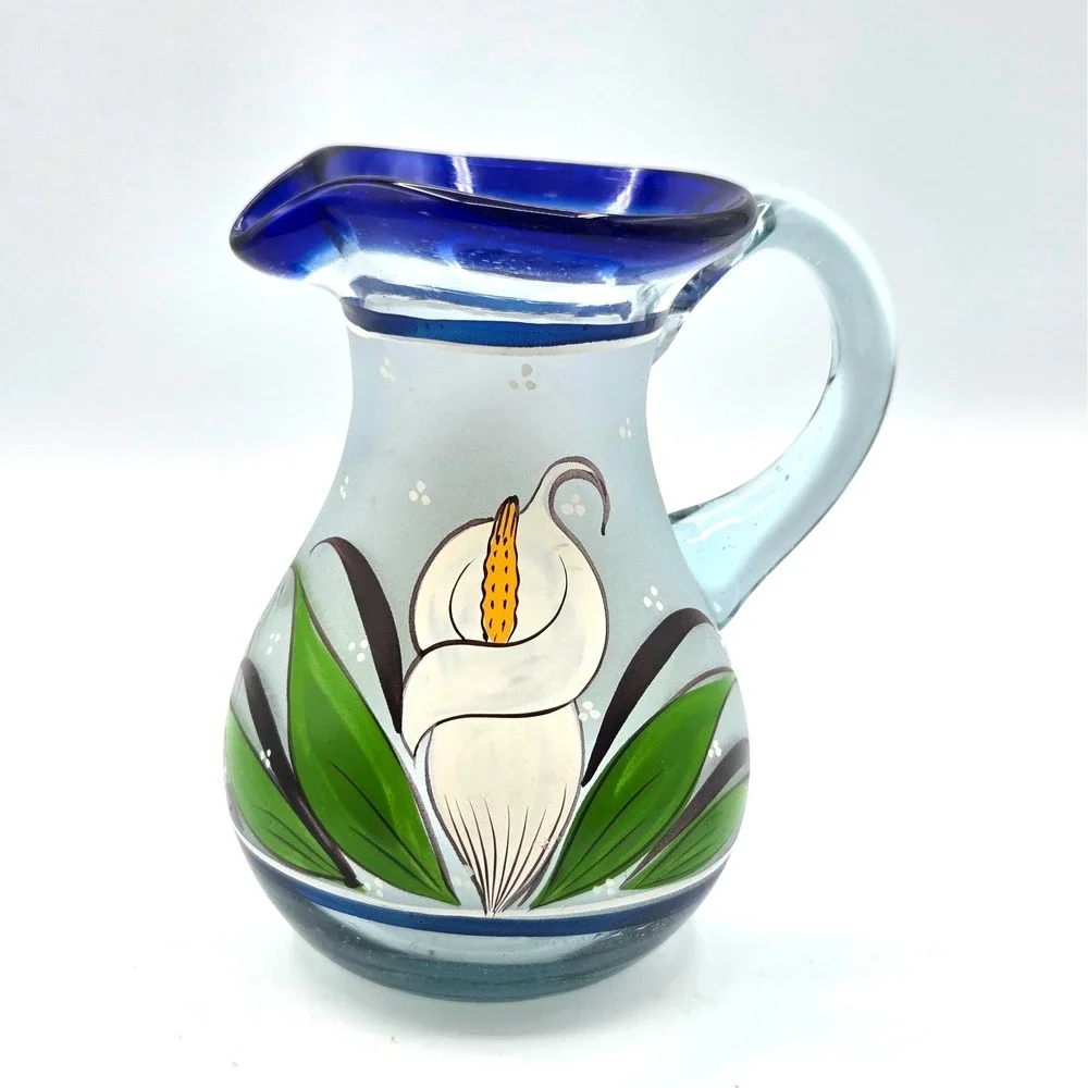 Handcrafted Frosted Hand Painted Calla Lily Pitcher/Creamer  made in Mexico‎